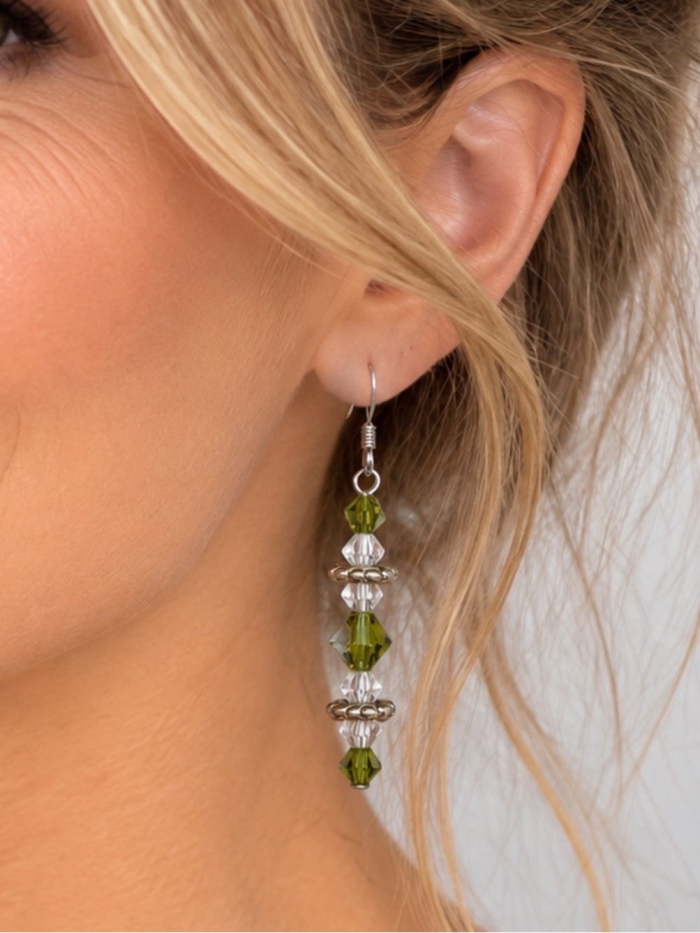 Olive Green & Crystal Dangle Earrings - Picture 1 of 4